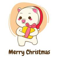 Cute polar bear with santa hat holding gift box cartoon character isolated hand drawn style vector