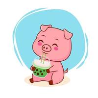 lindo cerdo bebiendo té con leche de burbujas. Fondo aislado personaje plano estilo dibujado a mano. vector