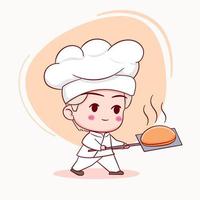 cute baker in uniform taking out bread from the oven vector