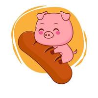 cute pig hugging sausage. hand drawn style cartoon illustration vector