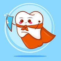 cute strong tooth flying as super hero with shield and cloak vector