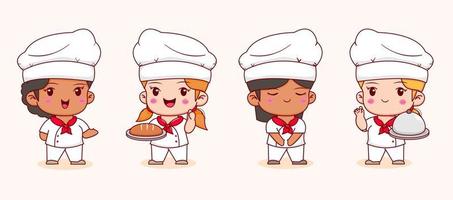 set of cute chef girl with different pose. chibi cartoon style isolated background vector