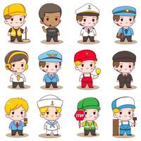 Set collection cute boy with different professions. Chibi character isolated in white background vector