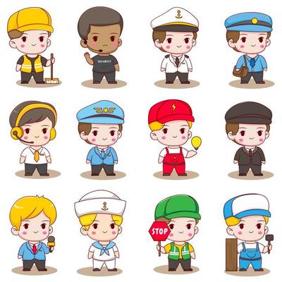 Set collection cute boy with different professions. Chibi character isolated in white background