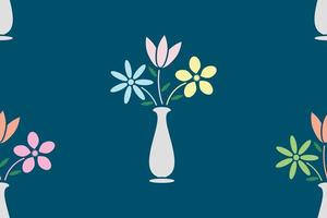 Seamless pattern.  Flowers in the vase on blue background. Vector illustration.