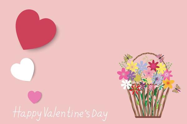 Valentine's Day background, many beautiful flowers are in a basket,  butterfly flew to see the flowers. White, red and pink hearts symbolize love.  Vector, illustration.