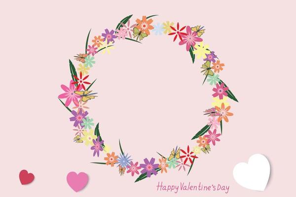 Valentine's Day background. Many beautiful flowers gathered together in a circle. similar to a flower garland. White, red and pink hearts symbolize love.  Vector, illustration.