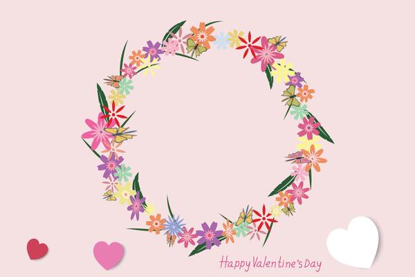 Valentine's Day background. Many beautiful flowers gathered together in a circle. similar to a flower garland. White, red and pink hearts symbolize love.  Vector, illustration.