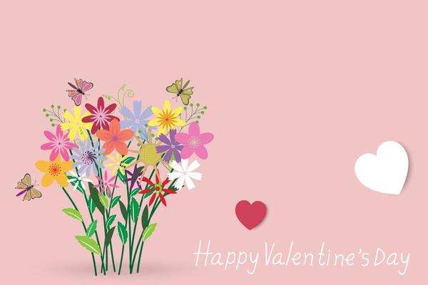 Valentine's Day background, many beautiful flowers are in a basket,  butterfly flew to see the flowers. White and red hearts symbolize love.  Vector, illustration.