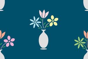 Seamless pattern.  Flowers in the vase on blue background. Vector illustration.