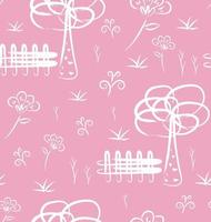 Seamless pattern with flowers and trees , white stripes on pink background. Vector illustration.