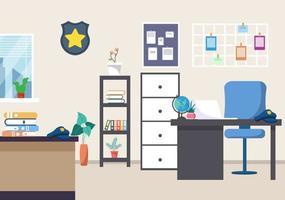 Police Station Department Building with Investigation Bureau Room Interior, Prison Cell and Office Furniture in Flat Style Background Illustration vector