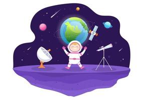 Artificial Satellites Orbiting the Planet Earth with Wireless Technology Global 5G Internet Network Communication and Astronaut in Flat Background Illustration vector