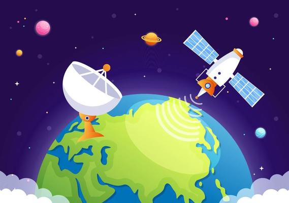 Artificial Satellites Orbiting the Planet Earth with Wireless Technology  Global 5G Internet Network Satellite Communication in Flat Background  Illustration 4927393 Vector Art at Vecteezy
