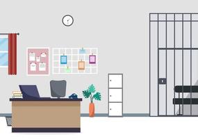 Police Station Department Building with Investigation Bureau Room Interior, Prison Cell and Office Furniture in Flat Style Background Illustration vector