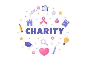 Love Charity or Giving Donation via Volunteer Team Worked Together to Help and Collect Donations for Poster or Banner in Flat Design Illustration vector