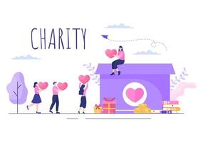 amar la caridad o dar una donación a través de un equipo de voluntarios trabajaron juntos para ayudar y recolectar donaciones para carteles o pancartas en la ilustración de diseño plano