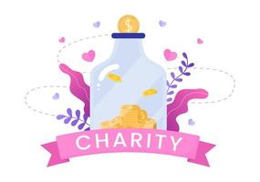 Love Charity or Giving Donation via Volunteer Team Worked Together to Help and Collect Donations for Poster or Banner in Flat Design Illustration vector