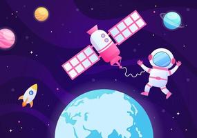 Artificial Satellites Orbiting the Planet Earth with Wireless Technology Global 5G Internet Network Communication and Astronaut in Flat Background Illustration vector