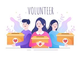 amar la caridad o dar una donación a través de un equipo de voluntarios trabajaron juntos para ayudar y recolectar donaciones para carteles o pancartas en la ilustración de diseño plano vector