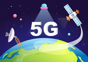 satélites artificiales que orbitan el planeta tierra con tecnología inalámbrica red global de internet 5g comunicación por satélite en ilustración de fondo plano vector