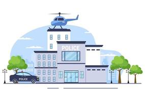 Edificio del departamento de la estación de policía con policía y coche de policía en la ilustración de fondo de estilo plano vector