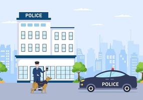 Police Station Department Building with Policeman and Police Car in Flat Style Background Illustration vector