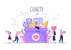 Love Charity or Giving Donation via Volunteer Team Worked Together to Help and Collect Donations for Poster or Banner in Flat Design Illustration vector