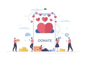 caridad de amor o donación en línea a través de un equipo de voluntarios trabajaron juntos para ayudar y recolectar donaciones para carteles o pancartas en la ilustración de diseño plano vector