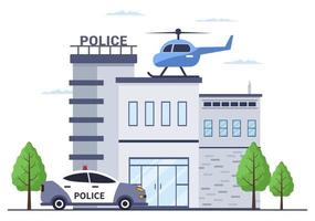 Police Station Department Building with Policeman and Police Car in Flat Style Background Illustration vector