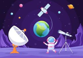 Artificial Satellites Orbiting the Planet Earth with Wireless Technology Global 5G Internet Network Communication and Astronaut in Flat Background Illustration vector