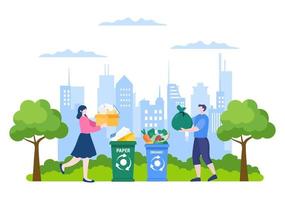 Recicle el proceso con basura orgánica, papel o plástico para proteger el medio ambiente ecológico adecuado para banner, fondo y web en ilustración plana vector