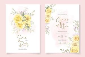 Plantilla de tarjeta de boda con tema de adornos florales amarillos dibujados a mano vector