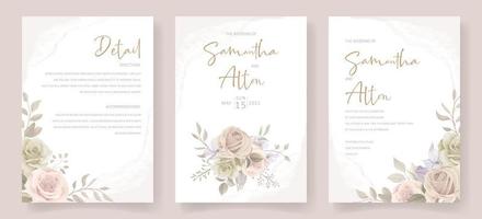 hermosa tarjeta de invitación de boda floral suave y hojas vector