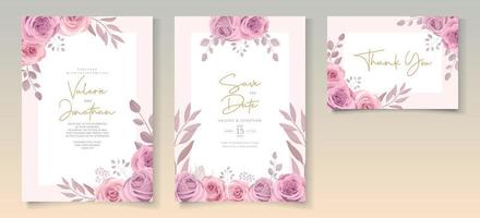 conjunto de hermosa plantilla de invitación de boda con adornos de flores rosas dibujadas a mano vector