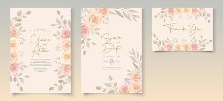 conjunto de hermosa plantilla de invitación de boda con adornos de flores rosas dibujadas a mano vector