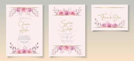 conjunto de hermosa plantilla de invitación de boda con adornos de flores rosas dibujadas a mano vector