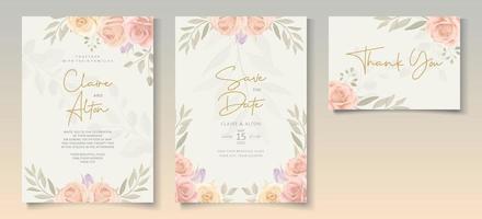 conjunto de hermosa plantilla de invitación de boda con adornos de flores rosas dibujadas a mano vector