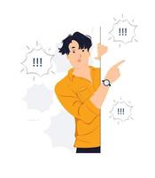 Man pointing finger on wall while startled, shocked, Surprised, speaking, listening, hearing, whispering, and Pay attention concept illustration vector