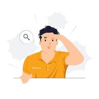 Man searching something, holding palm on forehead and gasping. surprised, curious and amazed staring on distance and seeing far away concept illustration vector