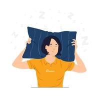 niña con sueño y se inclina sobre una almohada suave ilustración del concepto vector