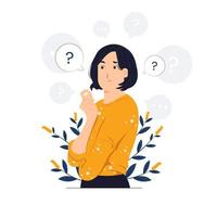 questioned, thinking, and confused with question mark looking up with thoughtful focused expression concept illustration vector