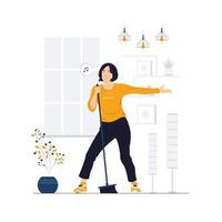 House cleaning with fun. Happy housewife singing her favorite song during cleanup, using mop as microphone. maid tidying her home with pleasure concept illustration vector