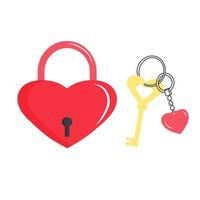 Heart lock and golden key with heart-shaped keychain. vector