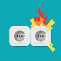 burnt socket. Fire from overload. Electrical safety concept. Vector illustration of flat designs.