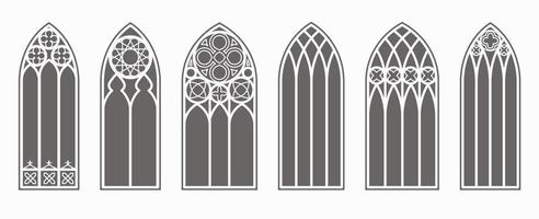 Conjunto de contorno de ventanas góticas. silueta de los marcos de la iglesia de vidrieras de época. elemento de la arquitectura tradicional europea. vector