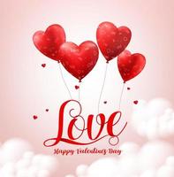 Love typography text with flying red heart shape balloons vector banner design for valentines day greeting card in white background. Vector illustration.