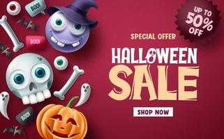 Halloween sale vector banner background design. Halloween special offer discount text with cute and scary emoji character for promotion ads. Vector illustration.