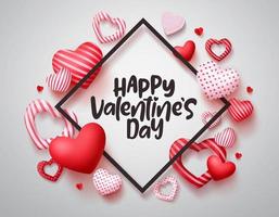 Valentines day vector banner. Happy valentines day greeting text with hearts elements and frame in white wood texture background. Vector illustration.