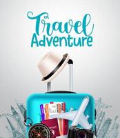 Travel adventure vector background design. Travel adventure text in empty space with traveler luggage, passport and ticket elements for trip and tour international vacation. Vector illustration